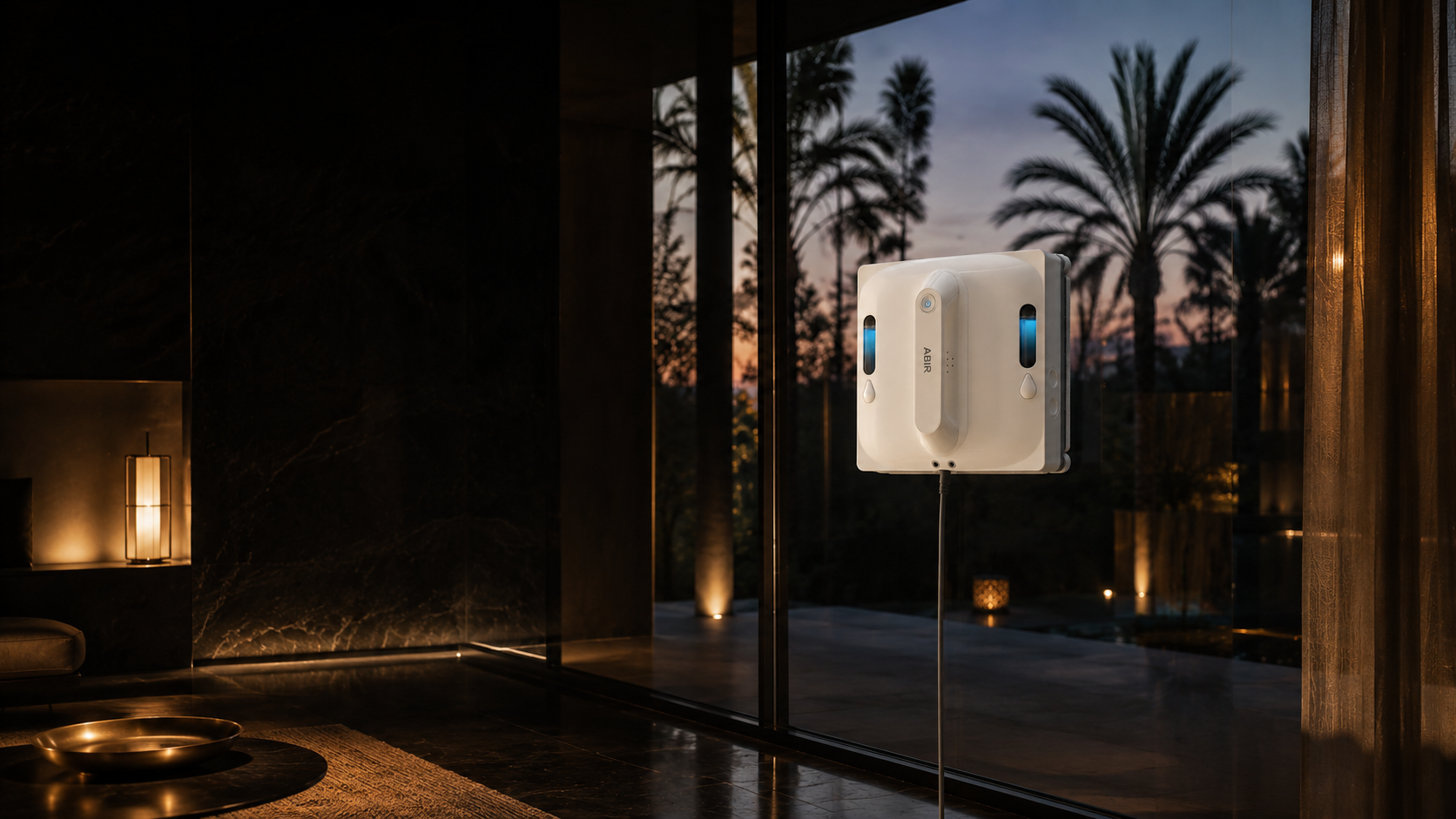 Le robot RIMKO sur une grande baie vitrée baignée d'une lumière dorée.
