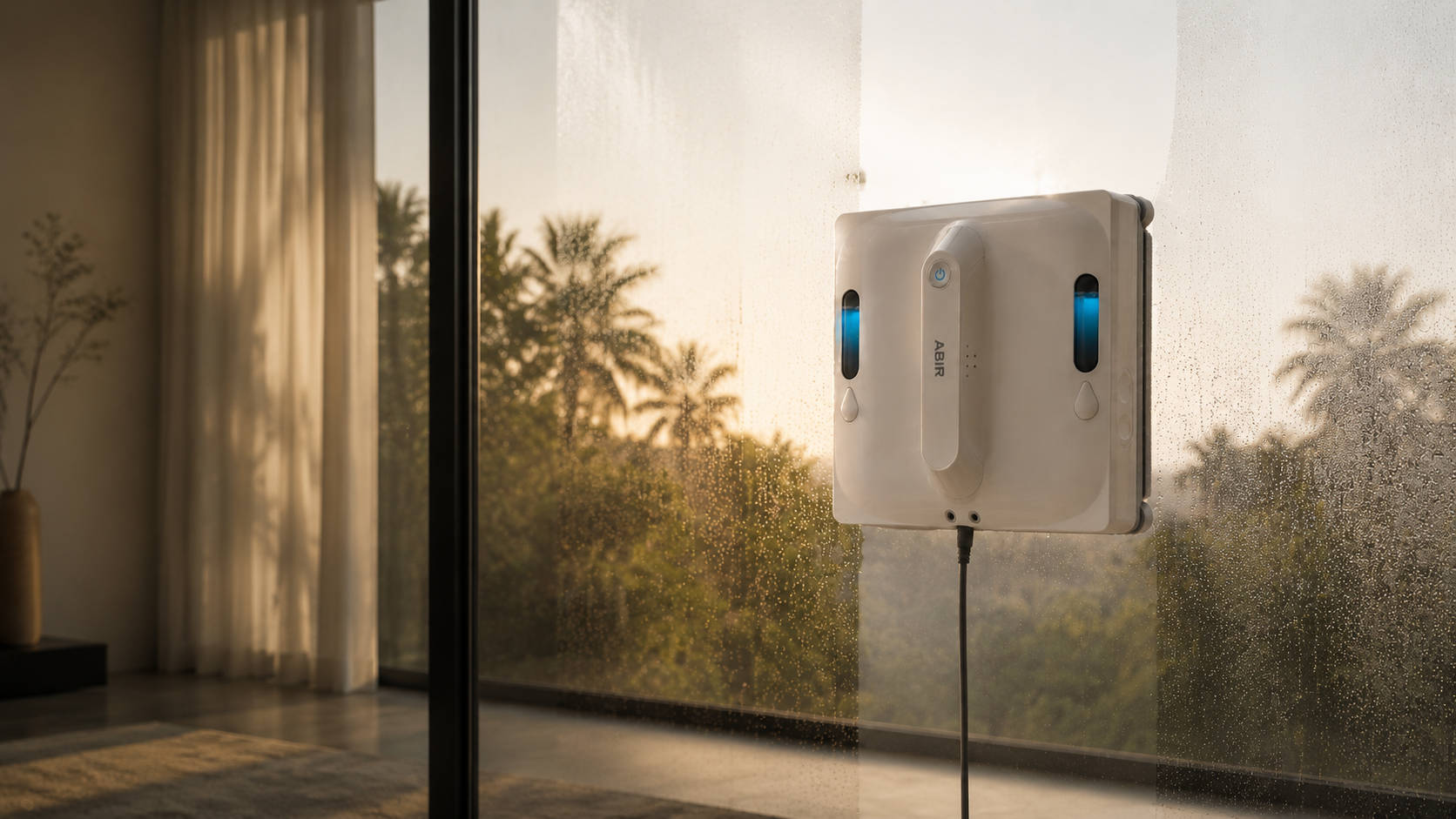 Le robot laveur de vitres RIMKO en pleine tâche sur une vitre.
