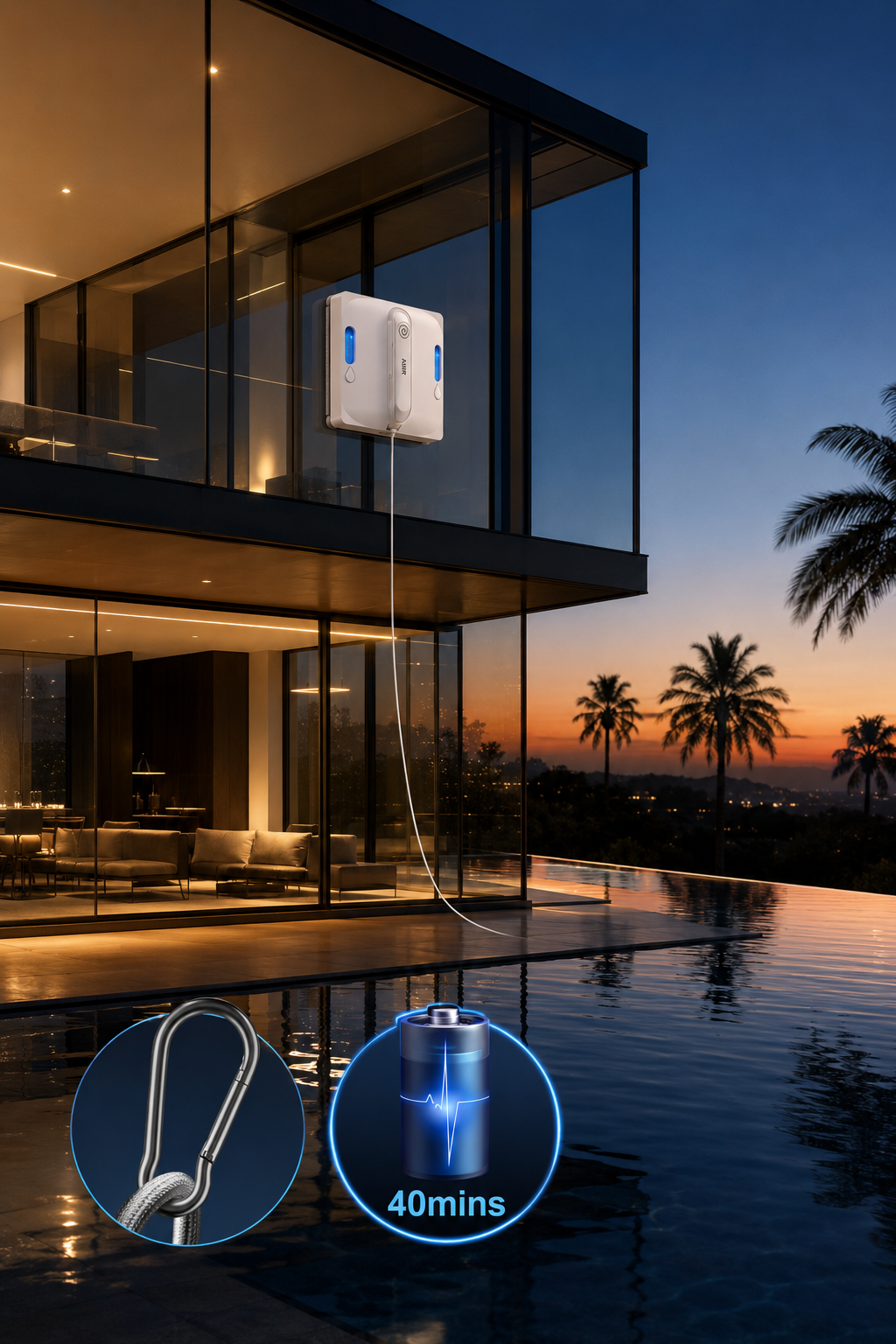 Le robot fixé à la façade vitrée d'une maison moderne, avec sa corde et sa batterie de sécurité mises en évidence.