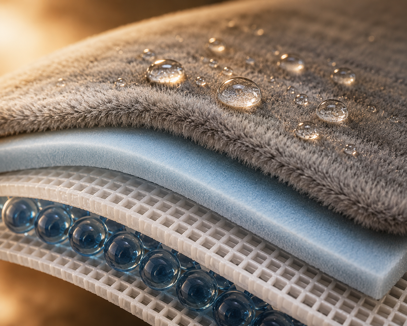 Vue en coupe du tissu en microfibre et des gouttes retenues à sa surface.
