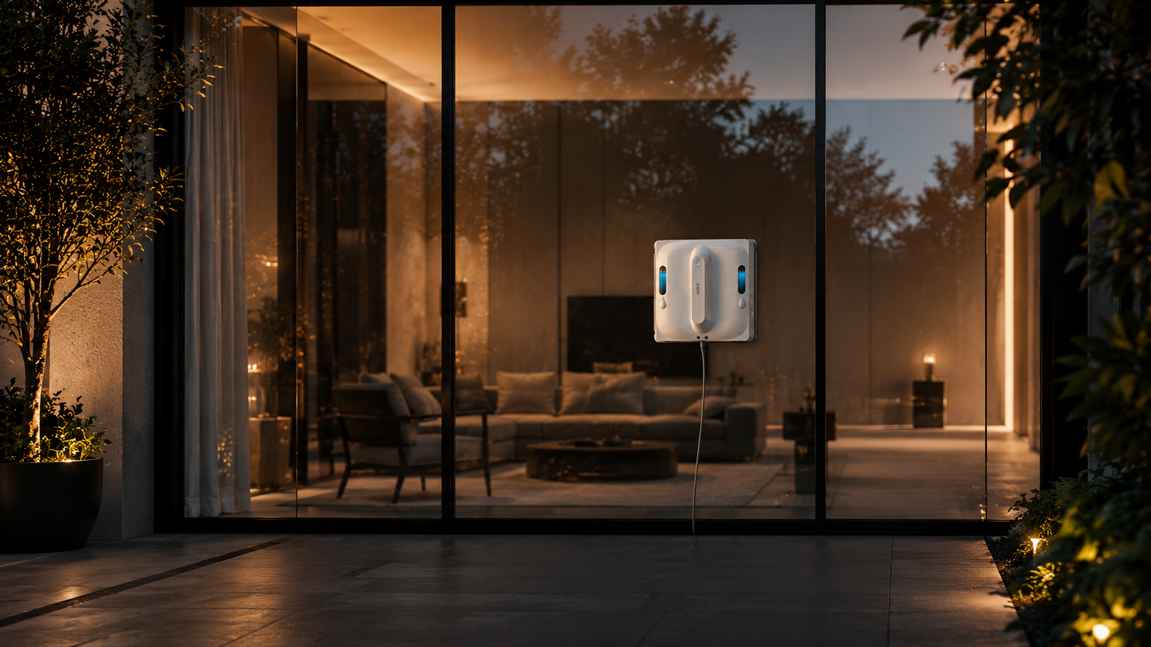 Vue depuis l'extérieur de la maison, le robot nettoyant la vitre.