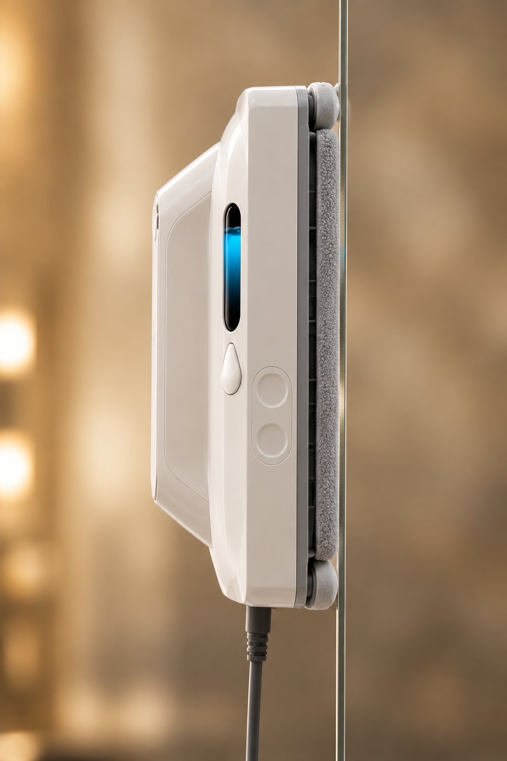 Le robot de profil, témoin lumineux bleu allumé.