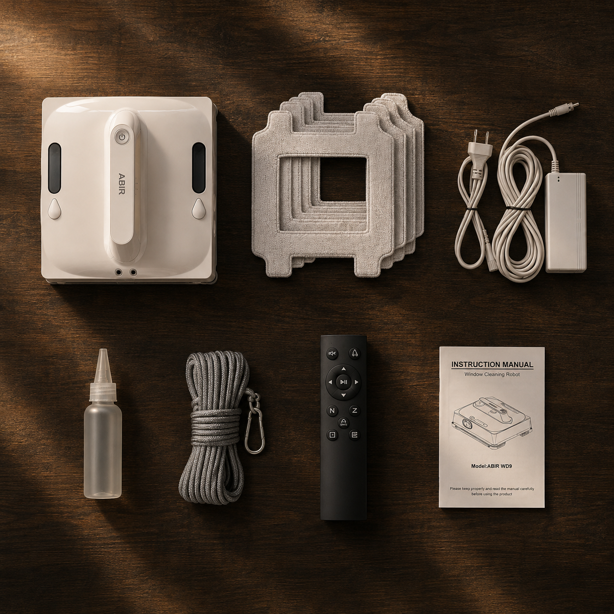 Le contenu de la boîte : robot, lavettes, adaptateur, bouteille, filin, télécommande, manuel.
