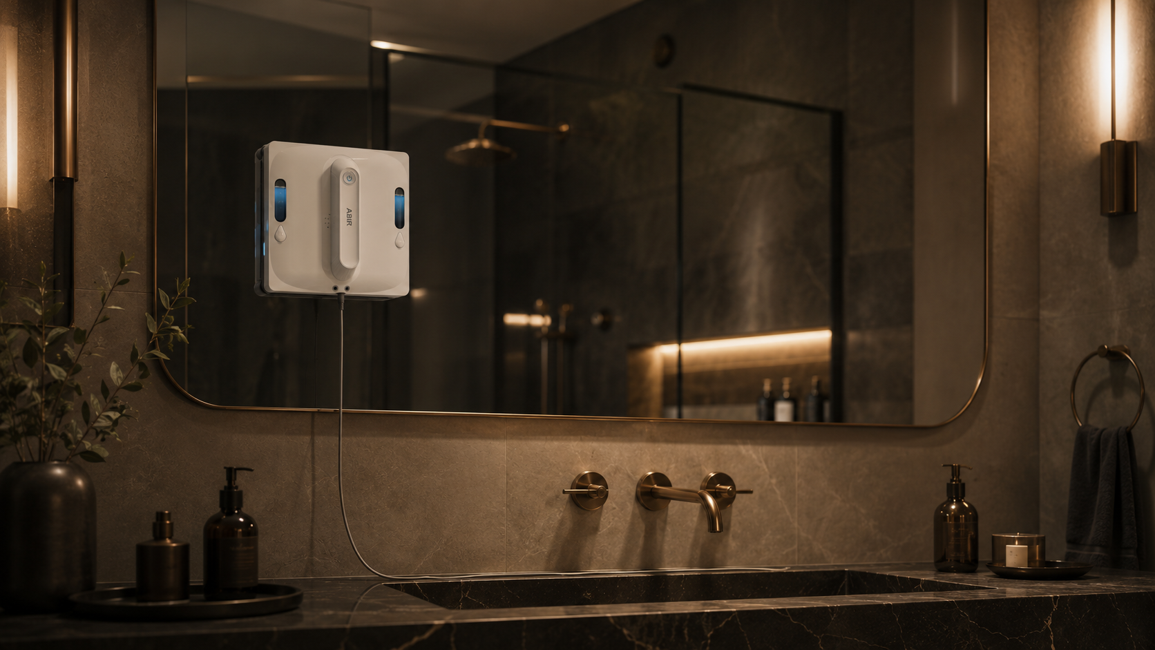 Le robot RIMKO nettoie un grand miroir dans une salle de bain contemporaine.